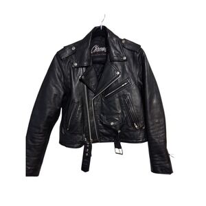 Y2k Vintage Chrome Womens size 8 Leather Moto Riding Fonzy Zip Rock Jacket Goth‎
